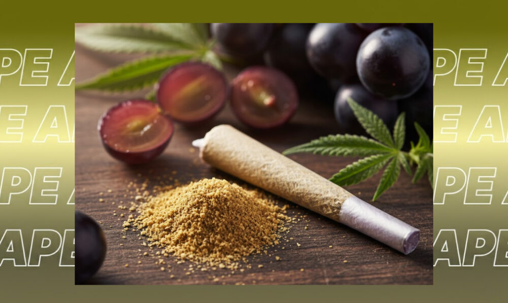 Macro shot of crystalline trichomes on a purple Grape Ape leaf.