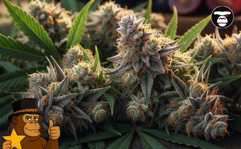 Three large, frosty Grape Ape buds displayed on a dark wooden background.