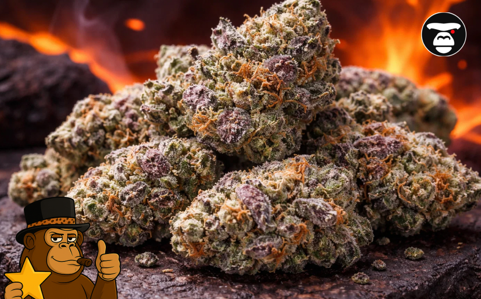 Lava Cake: Relaxing Indica A glass jar filled with fresh Lava Cake strain flowers on a clean surface.