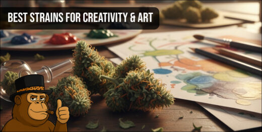 High-quality cannabis buds on a wooden desk next to a painter's palette, brushes, and colorful sketches.