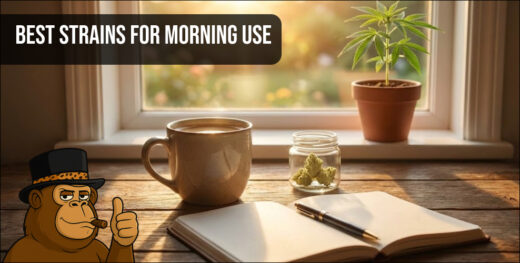 Morning coffee cup, open notebook, and jar of sativa buds on a sunny desk.