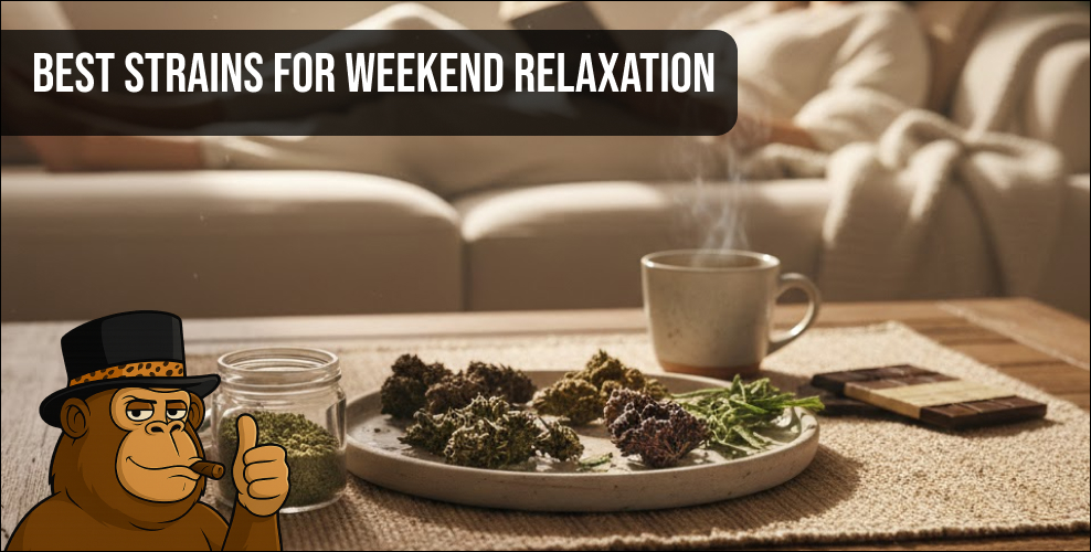 Woman relaxing on a sofa with cannabis flowers, tea, and chocolate on a wooden table.