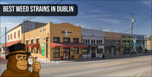 Aerial view of Dublin CA suburban neighborhood with a friendly gorilla mascot.