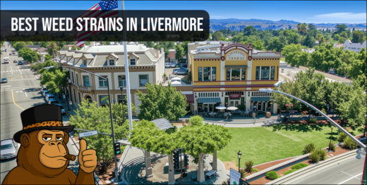 Aerial view of a Livermore street with a monkey mascot in a top hat.