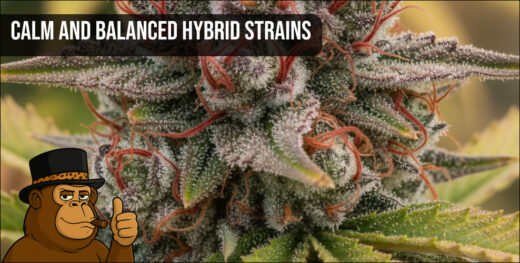 Macro view of a frosty hybrid cannabis flower with red pistils and white trichomes.