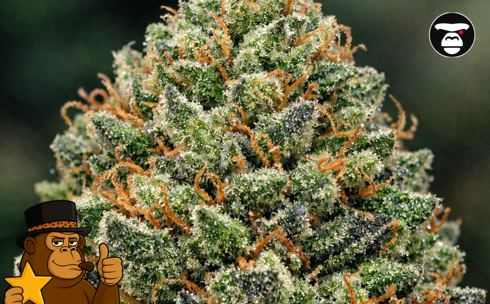 Extremely close-up detail of a mature Indica cannabis flower with bright orange hairs.