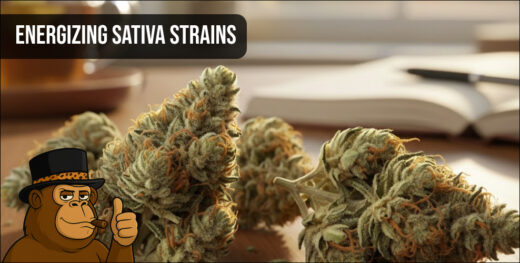 Close-up of dried energizing Sativa buds on a wooden desk with a notebook.