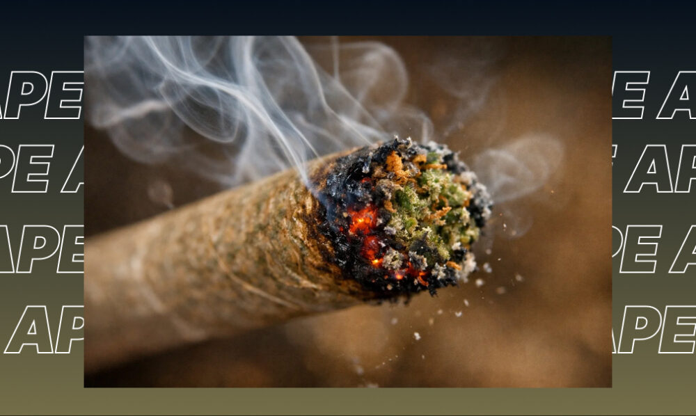 Close-up of a lit cannabis joint with visible smoke.