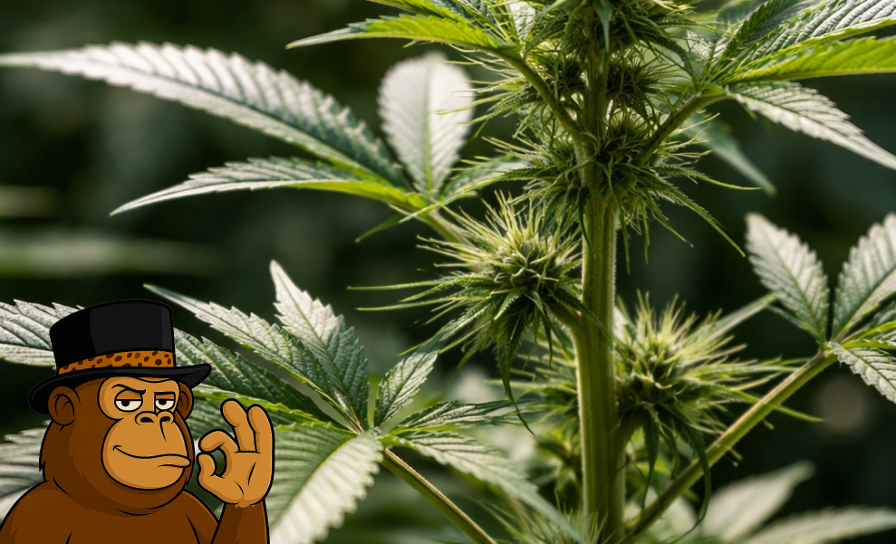 Close-up of a young cannabis plant in the flowering stage with vibrant green leaves.