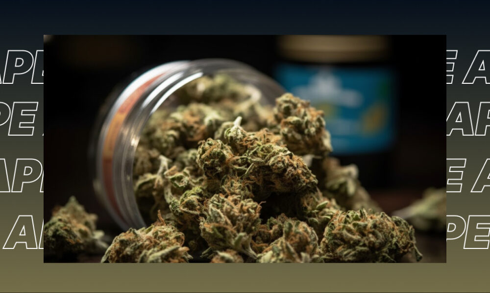 A glass jar tipped over with fresh green cannabis buds spilling out onto a dark surface.