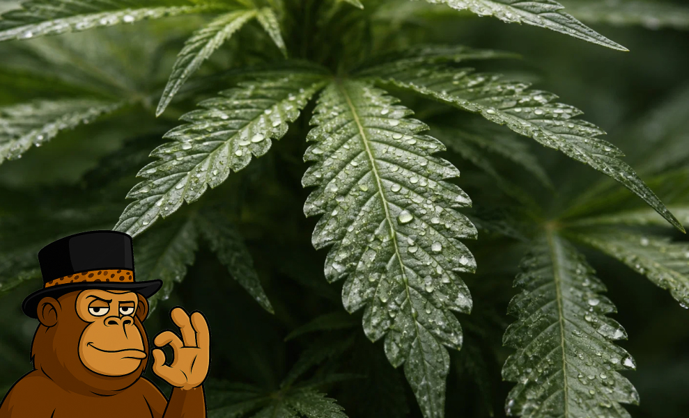 A green cannabis leaf covered in fresh water droplets after a morning mist.