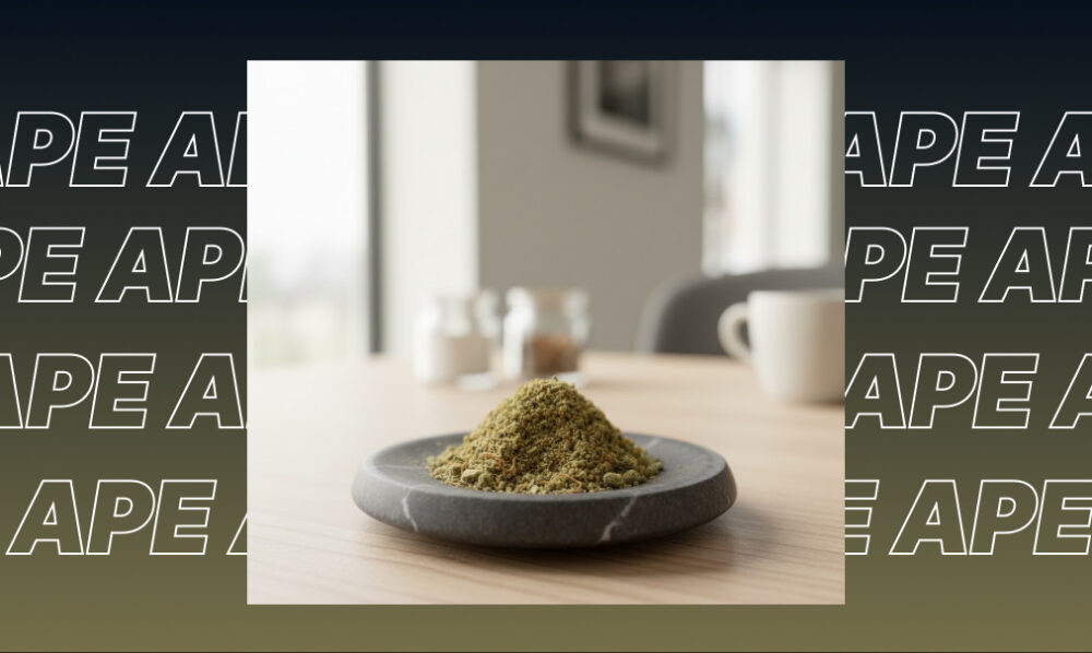 A small pile of finely ground cannabis sitting on a dark stone plate.