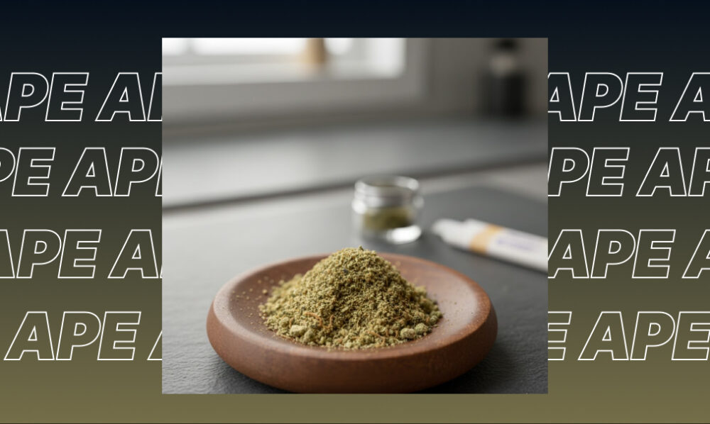 Ground cannabis kief and a hand-rolled joint on a dark marble surface.