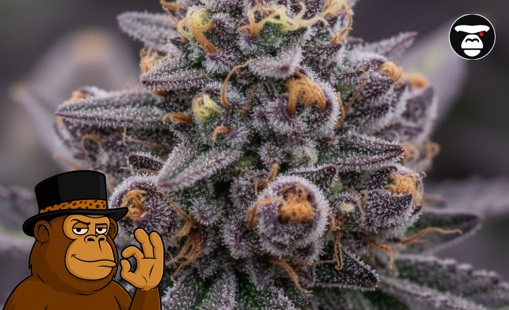 Macro shot of a resin-heavy cannabis bud with orange hairs and white crystals.