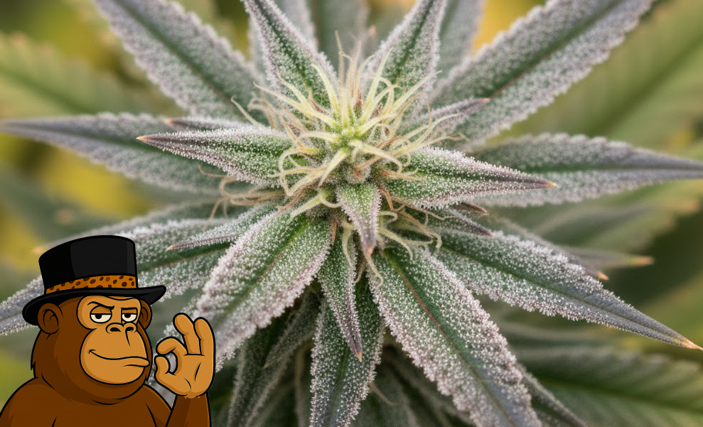 Top-down view of a cannabis flower showing symmetrical sugar leaves covered in heavy white crystals.