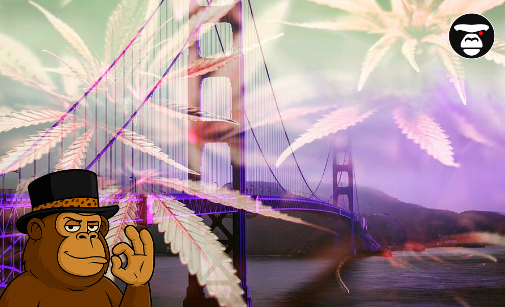 Artistic overlay of cannabis leaves over the Golden Gate Bridge in San Francisco.