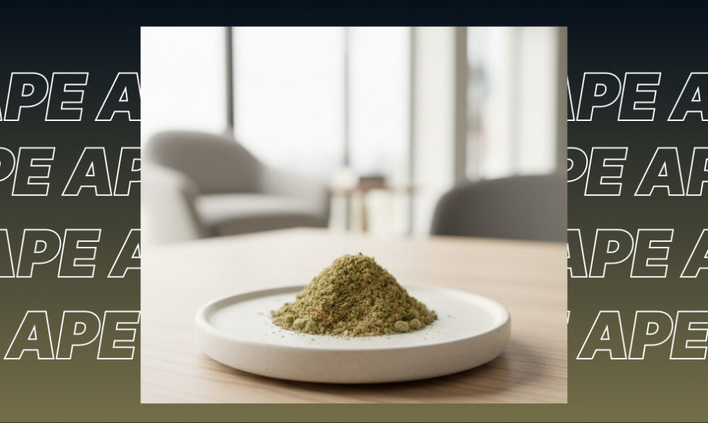 Best Weed Strains In Sunnyvale A pile of ground cannabis flower on a white plate in a modern room.