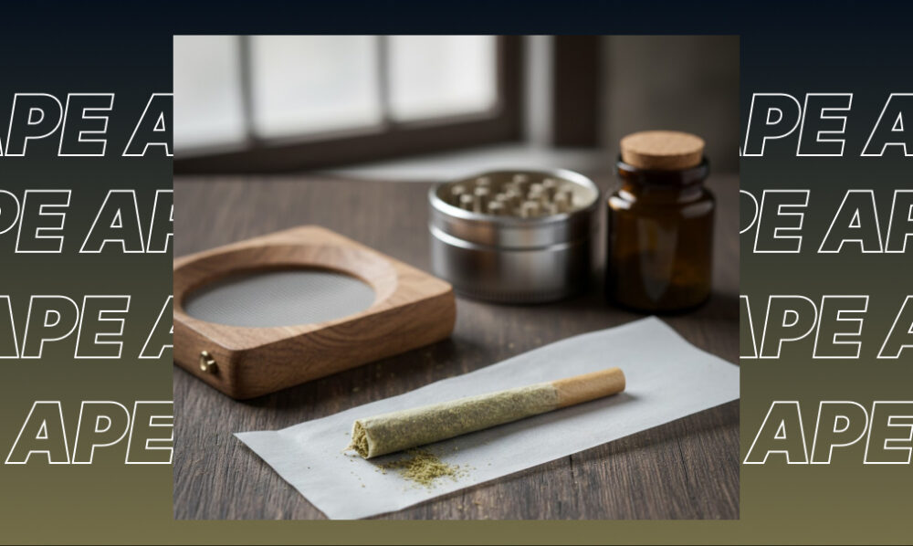 A hand-rolled cannabis joint on parchment paper with a grinder and apothecary jar.