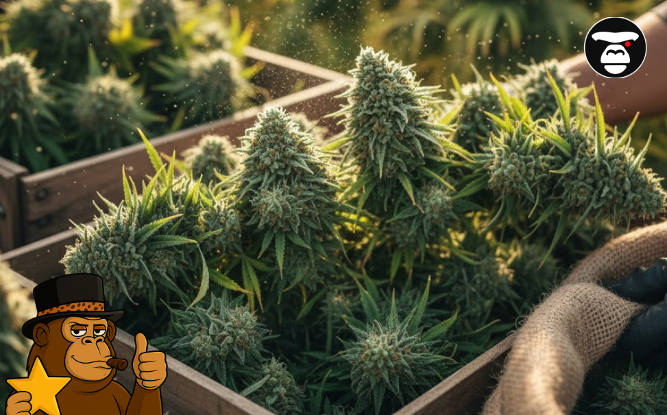 Trays of freshly harvested cannabis colas under warm, natural sunlight.