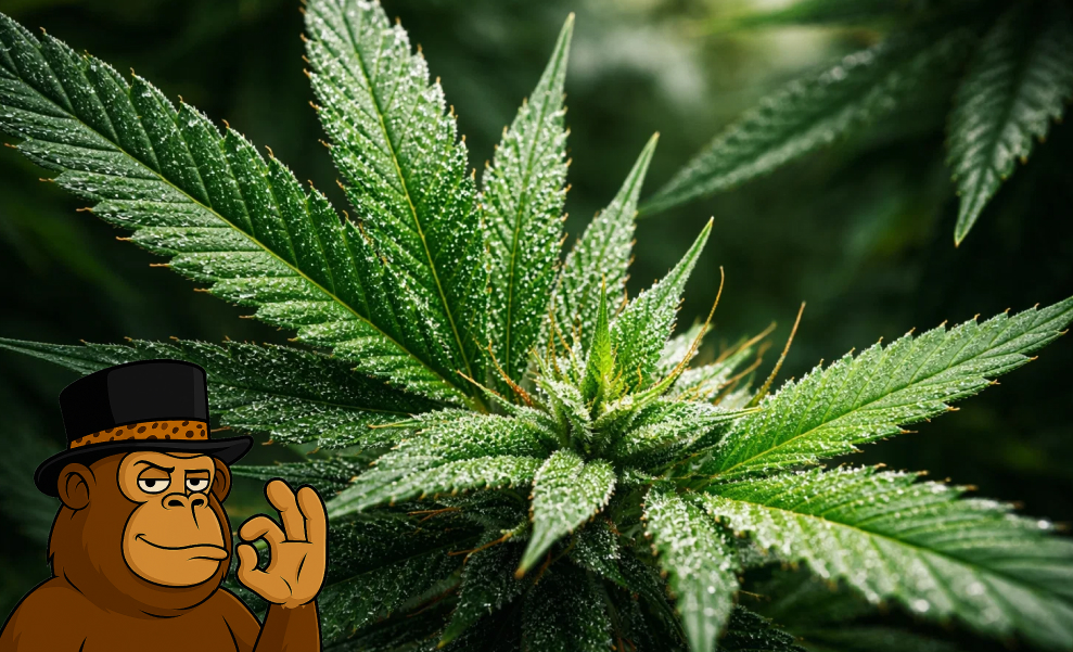 Best Weed Strains In Tracy Close up of a healthy green cannabis fan leaf with crystals.