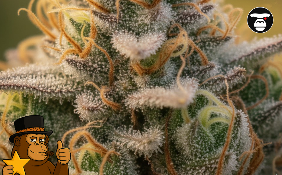Extreme close-up of a cannabis bud showing amber pistils and crystal resin.