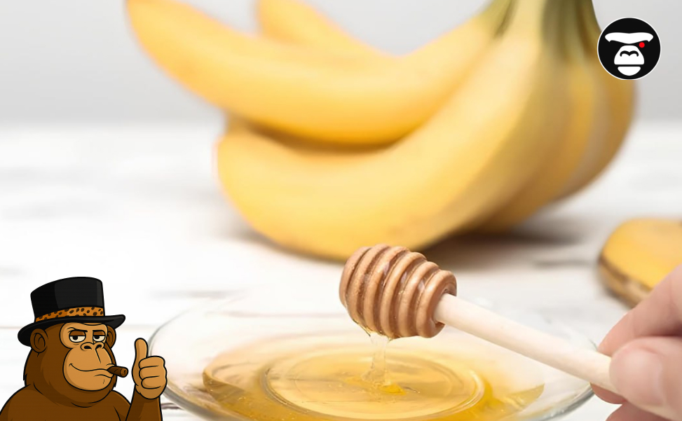 Honey Banana Strain Profile Fresh honey being drizzled from a dipper with yellow bananas in the background.