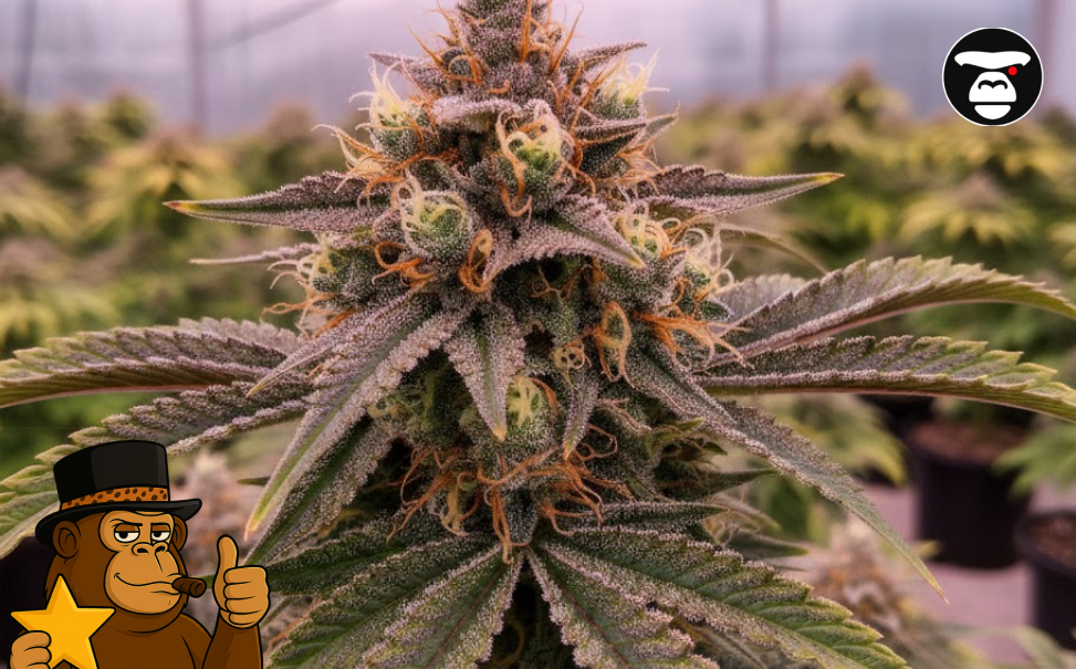 Light and Functional Hybrid Strains A mature hybrid cannabis plant growing in a professional indoor facility with blurred background.