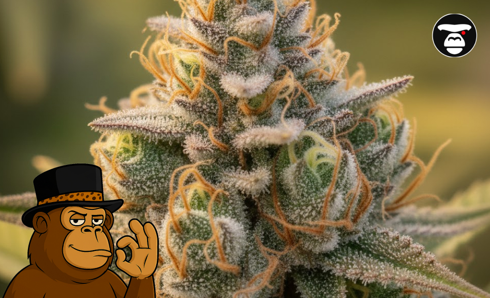 Extreme close-up of a mature cannabis bud with vibrant orange pistils and a dense crystalline coating.