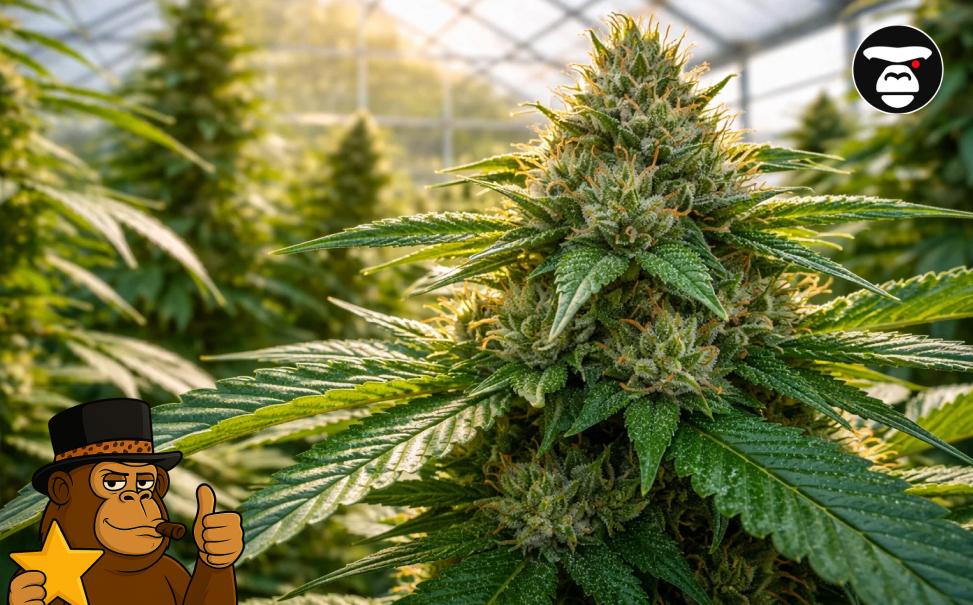 A large, mature cannabis plant flowering in a sunny greenhouse environment.