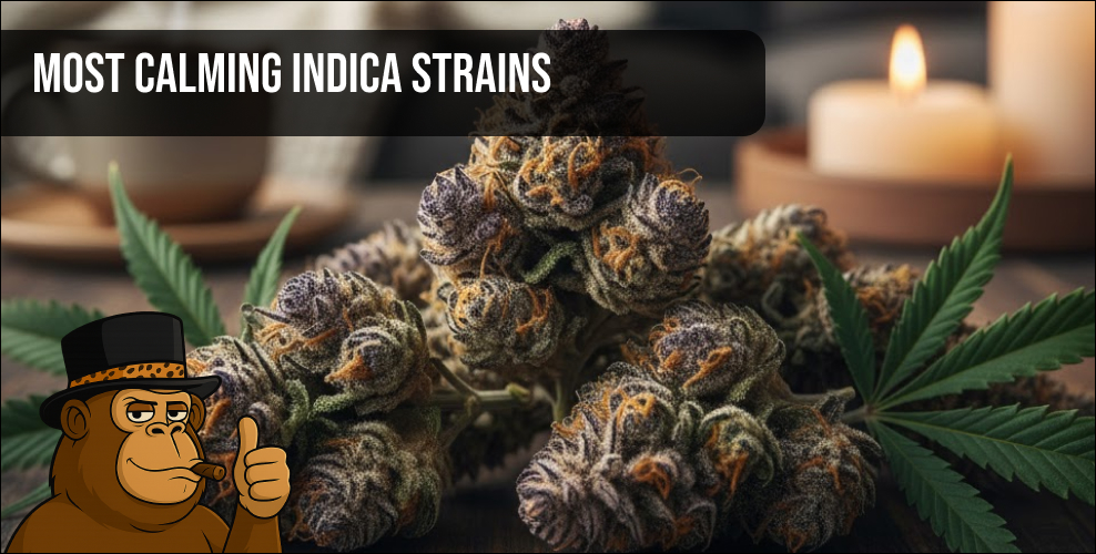 Purple-hued Indica cannabis buds on a wooden table with a cozy background.
