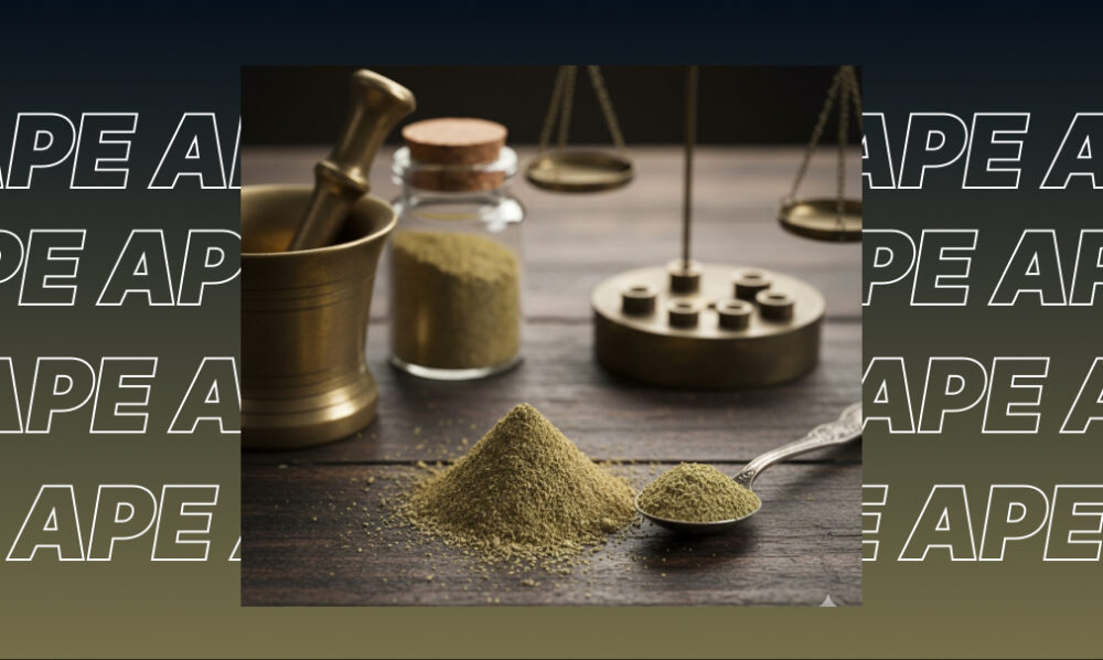 A pile of cannabis kief powder next to a vintage balance scale and mortar.