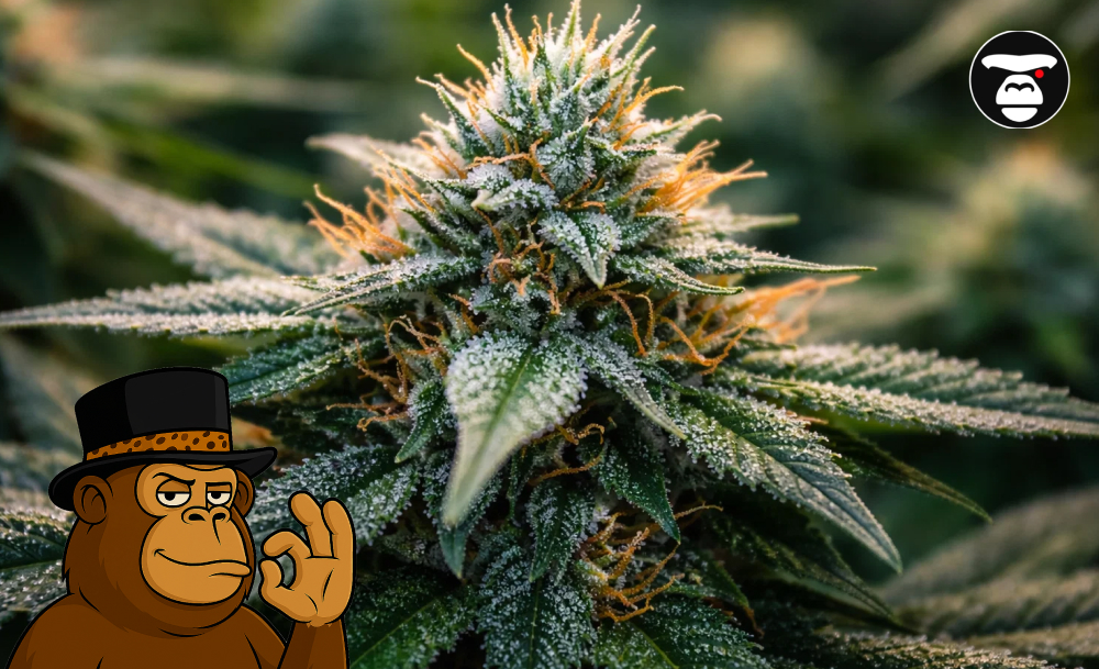 Best Weed Strains In Lodi Macro shot of a frosty cannabis bud with orange pistils and crystalline resin.