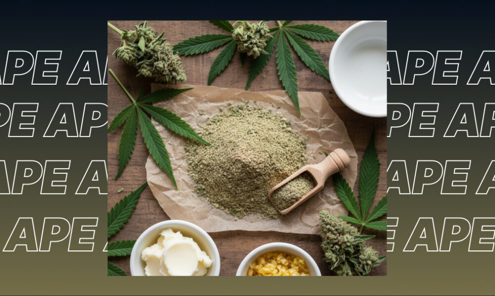 Topicals : How Cannabis Creams and Balms Work Ground cannabis powder on parchment paper surrounded by raw butter and cannabis leaves.