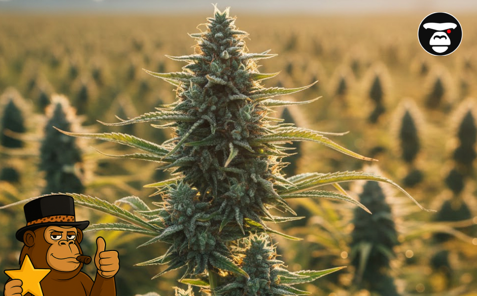 A large outdoor Sativa cannabis field with a massive main cola in the foreground at sunset.