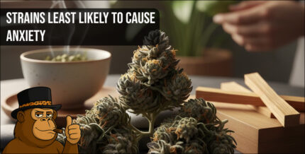 A close-up of a high-CBD cannabis flower with vibrant orange hairs and frosty trichomes.