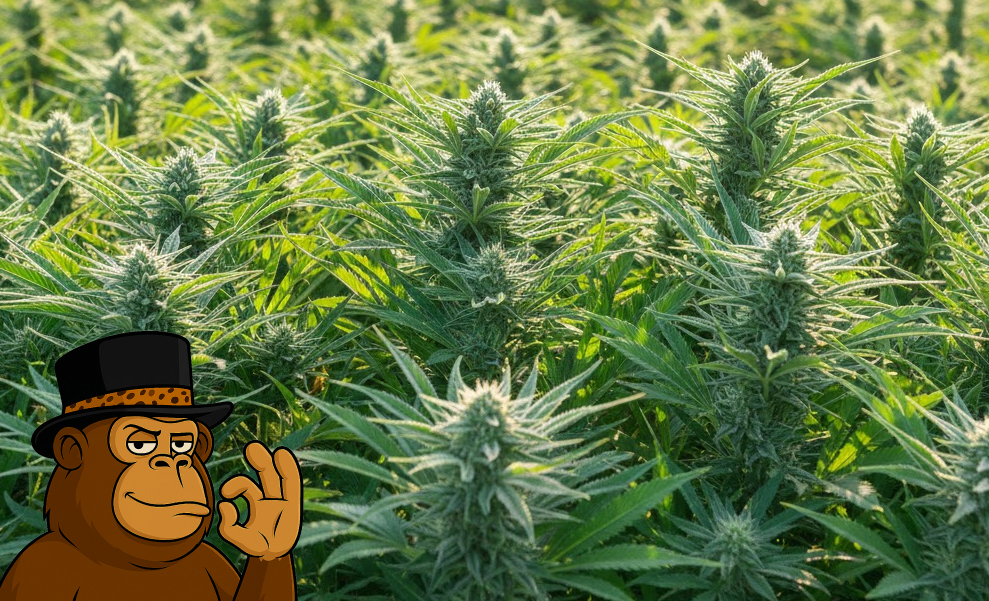 A large outdoor field of flowering cannabis plants under bright sunlight.