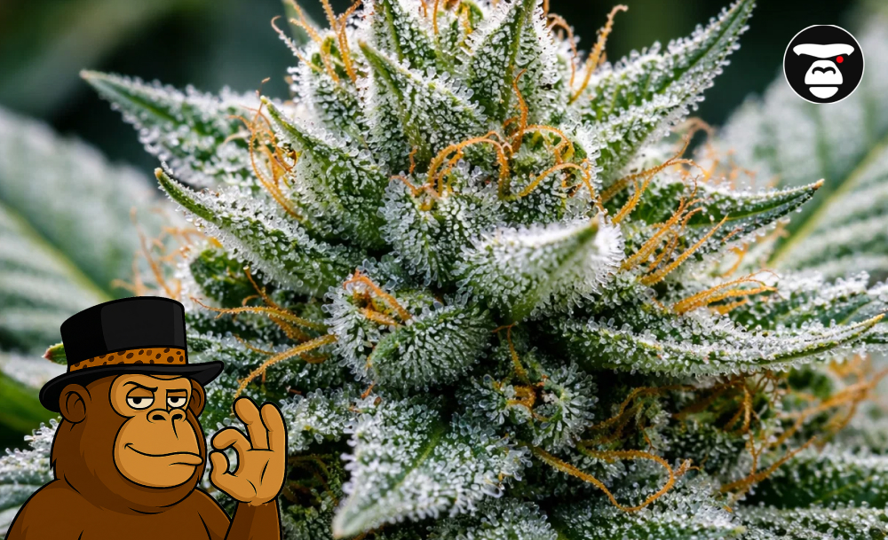 Macro photography of cannabis resin glands (trichomes) on a green leaf.