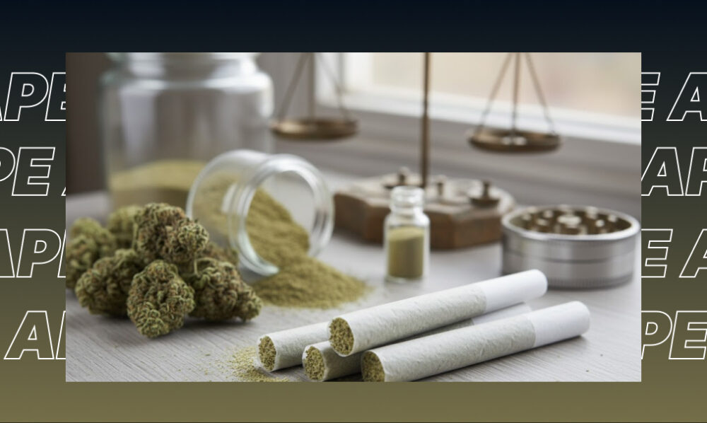 A workspace featuring cannabis buds, rolled joints, a grinder, and a scale for precise dosing.