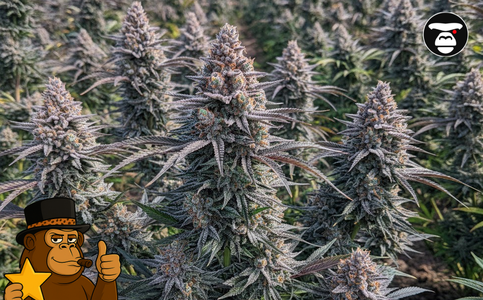 Rows of mature, frosty cannabis colas in a cultivation facility, with a cartoon ape holding a gold star rating.