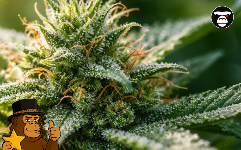 Macro shot of a flowering cannabis plant with crystalline resin.