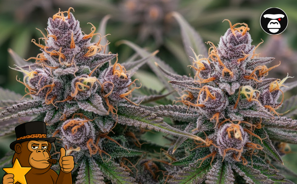 Four dense, purple-tinted cannabis colas growing in a cluster.