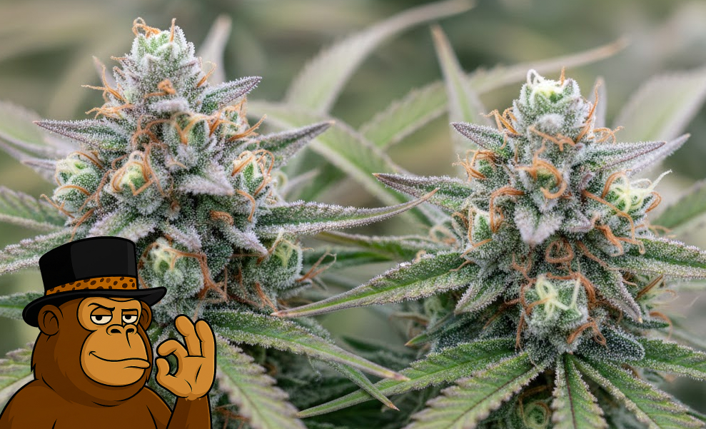 Two large, dense cannabis colas heavily coated in crystals and orange hairs.