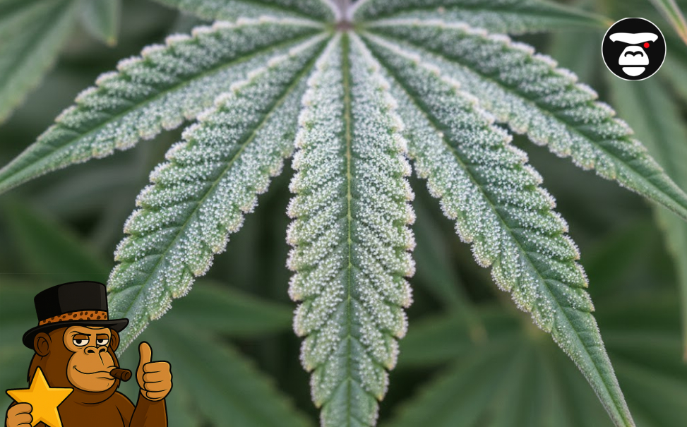 A vibrant green cannabis leaf covered in a thick layer of frosty white trichomes.