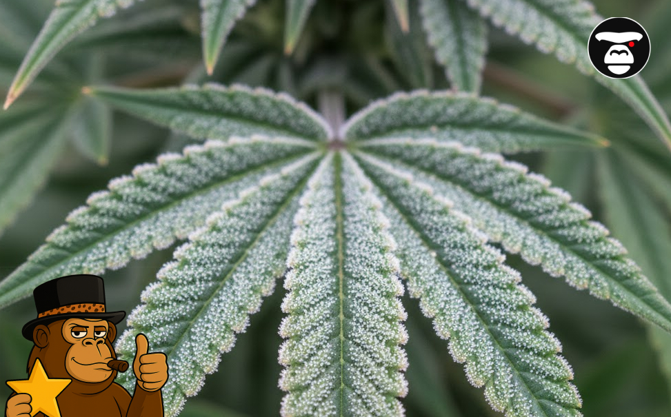 Best Weed Strains In Sunnyvale Macro view of a cannabis leaf covered in white crystal trichomes.
