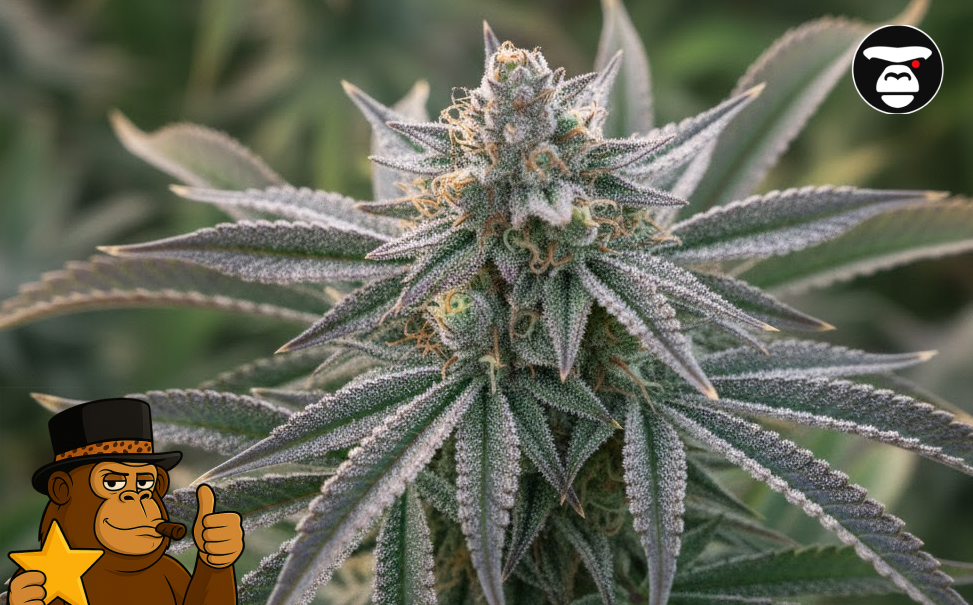 Tropical Runtz cannabis plant during the flowering stage with frosty fan leaves.