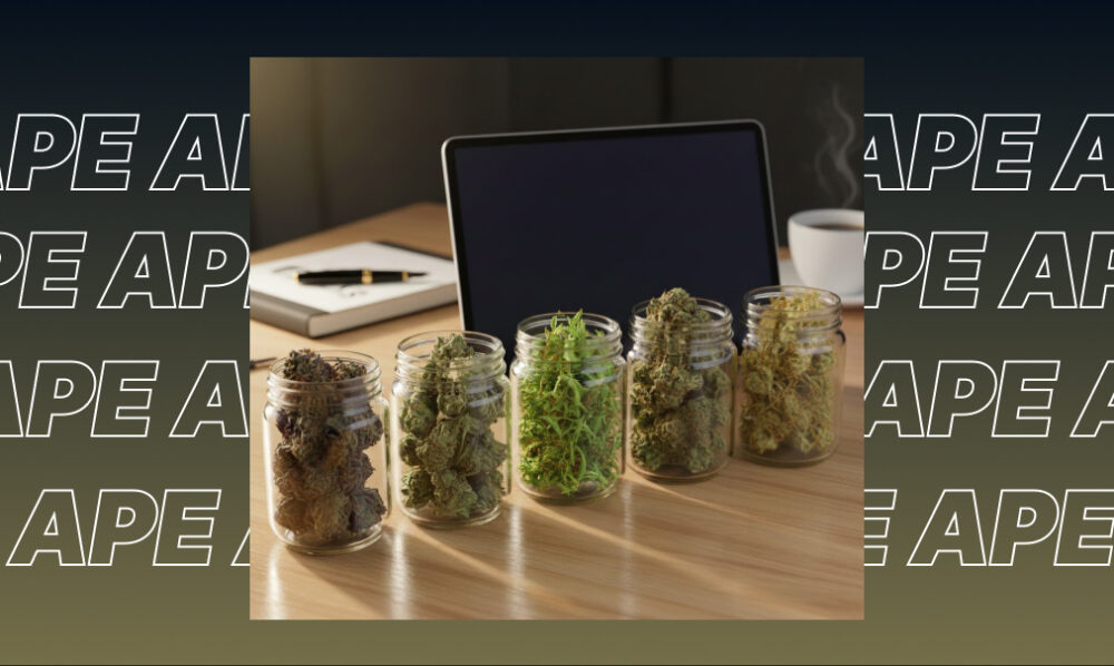 Five different glass jars containing various Sativa cannabis flower varieties on a desk.
