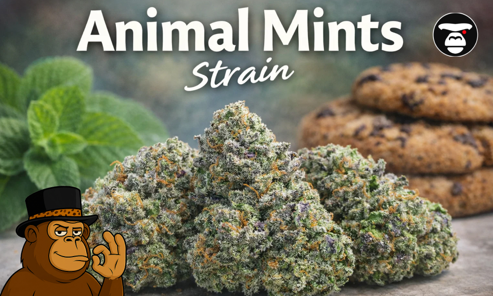 A group of Animal Mints buds displayed with mint leaves and biscotti.