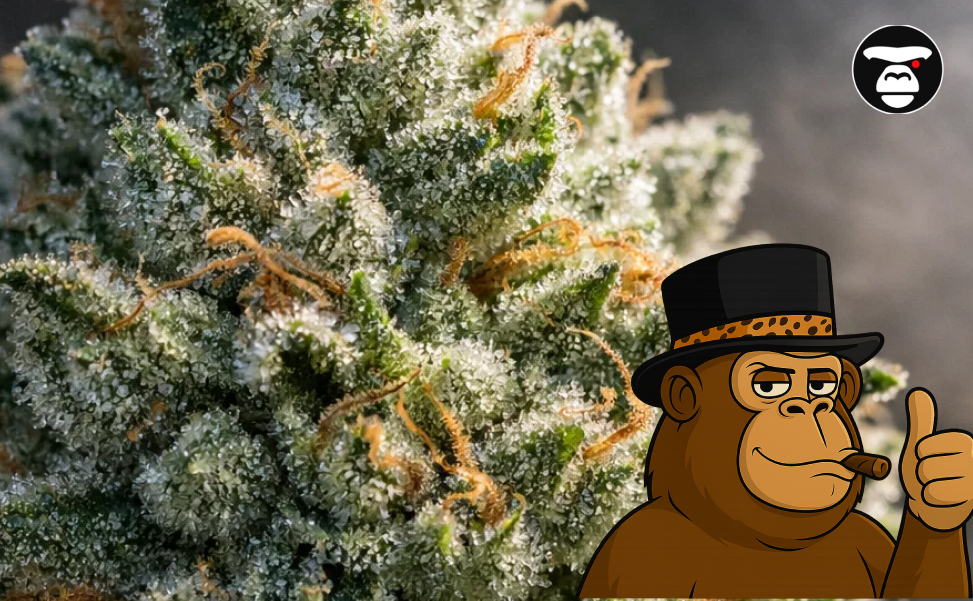 Macro view of a thick layer of frosty white trichomes on an Animal Mints bud.