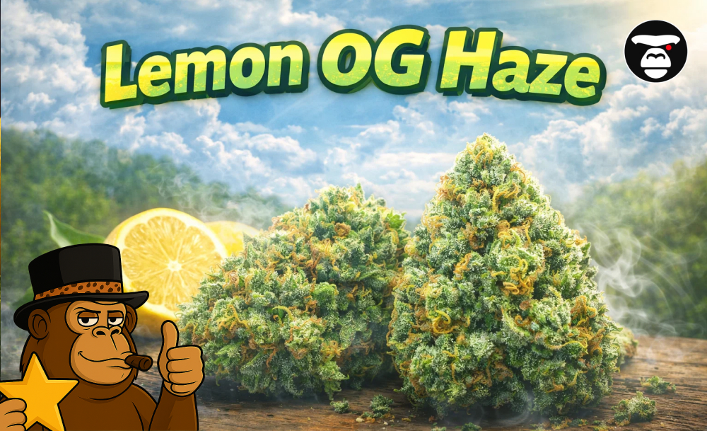 A selection of top-shelf Sativa strains including Lemon OG Haze in a dispensary setting.