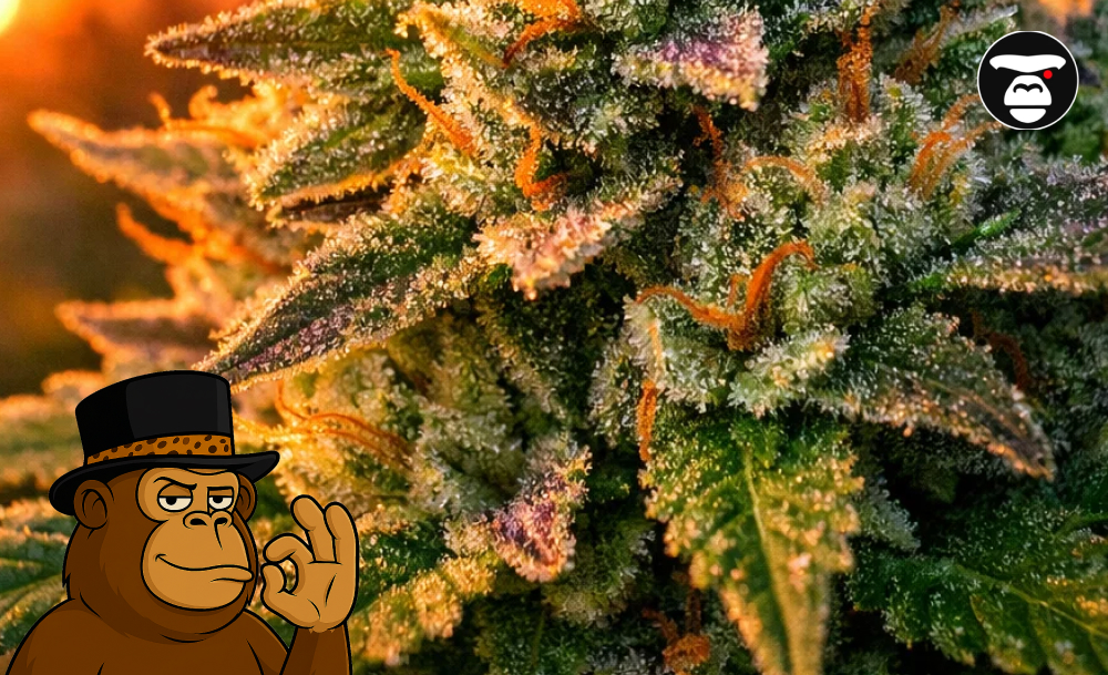 Detailed microscopic close-up of crystal-like trichomes on a high-potency cannabis strain.